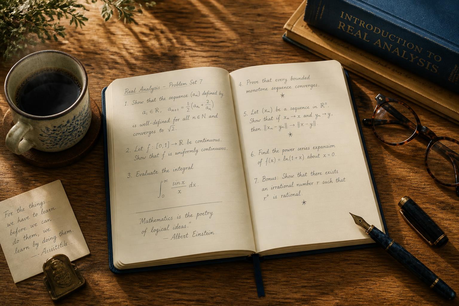 An open notebook with handwritten math, coffee, glasses and a fountain pen on a warm oak desk
