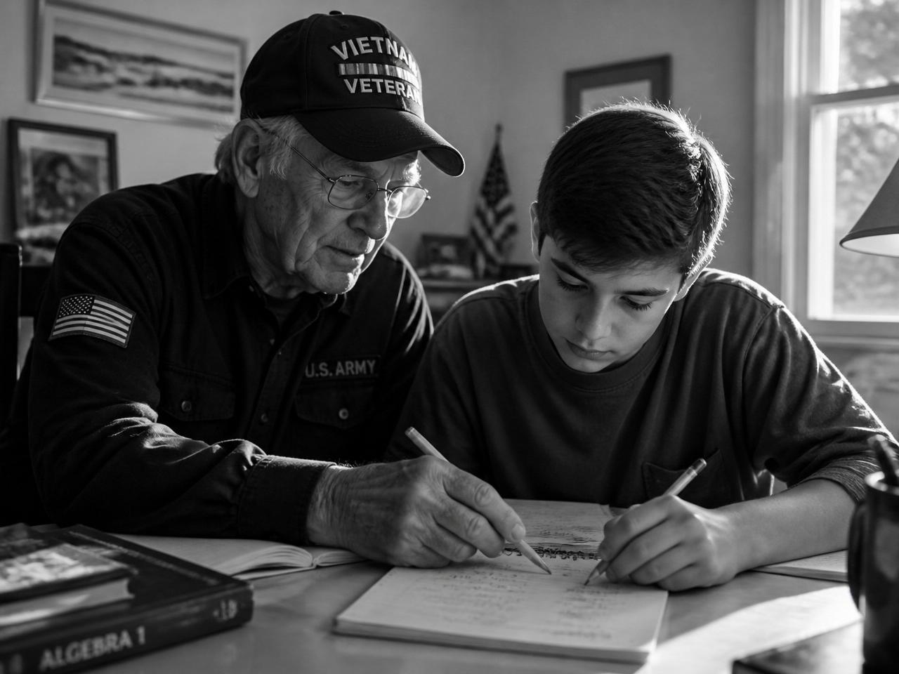 A Vietnam veteran mentoring a teenage boy through algebra homework