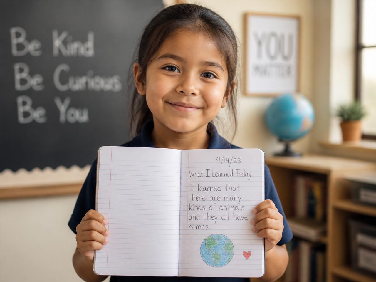 A young student smiling and holding up a notebook